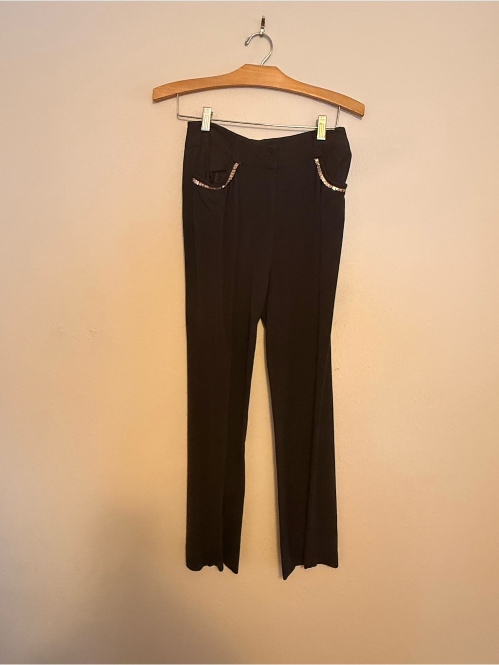 Straight-Leg Brown Women's Dress Pants with Beaded Pocket Trim